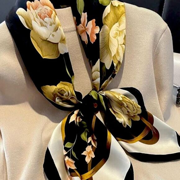 XMAS SALE Vintage Black and Gold Peony Flower Satin Scarf - Picture 2 of 6